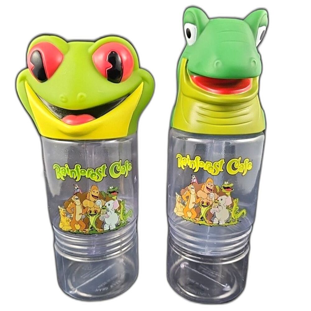 Rainforest Cafe Iguana & Frog  3D Head Travel Cup Water Bottle Souvenir  VINTAGE